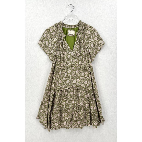 ANTHROPOLOGIE Dress Womens XS Green Robin Tiered Mini Short Sleeve Floral Print - Picture 5 of 16